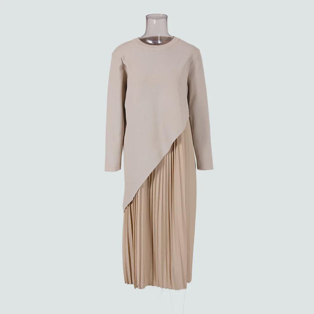 2024 Spring Apricot Pleated Irregular Skirt & Top Set – Versatile Casual Dress