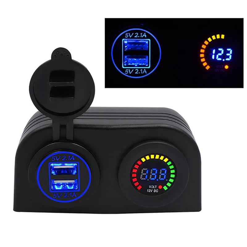4.2A Dual USB Автомобильное зарядное устройство Цветной дисплей вольтметра с 2 отверстиями Водонепроницаемая основа для палатки Адаптер для автомобиля Мотоцикл Морская лодка