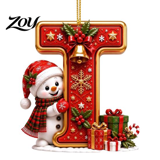 Indoor Holiday Decorations Cute Snowman Letter Christmas Ornament, 2D Flat Personalized A-Z Alphabet Clear Pattern Hanging Decor Acrylic Pendant