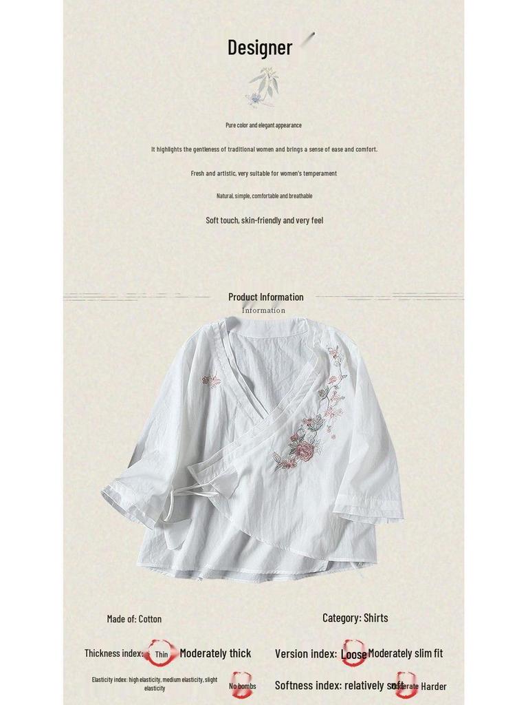 2024 Women's Chinese Style Zen Cotton-Linen Embroidered Slant-Breasted Mid-Sleeve Lace-Up Top