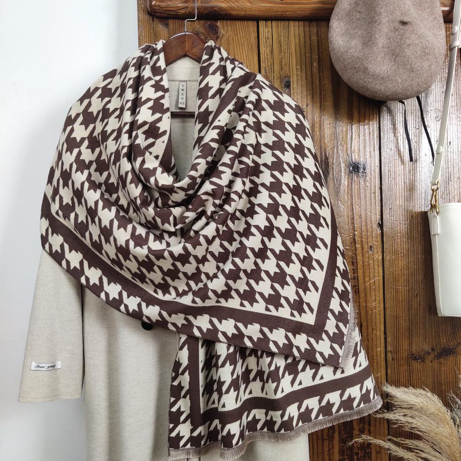 Women's winter scarf, versatile and high-end, made of faux cashmere, double-sided houndstooth pattern, thickened for warmth and protection from the
