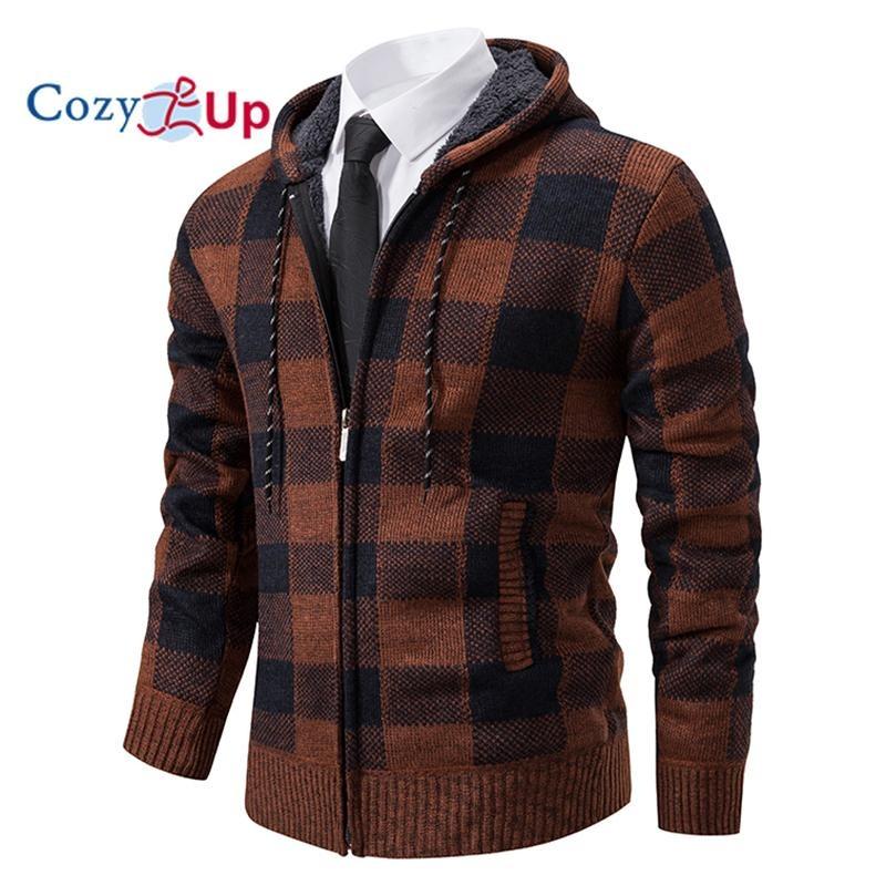 Cozy Up Мужской свитер, пальто, осень-зима, толстый, теплый, с капюшоном, клетчатый шерстяной свитер, кардиган, флисовое пальто на молнии, мужское пальто