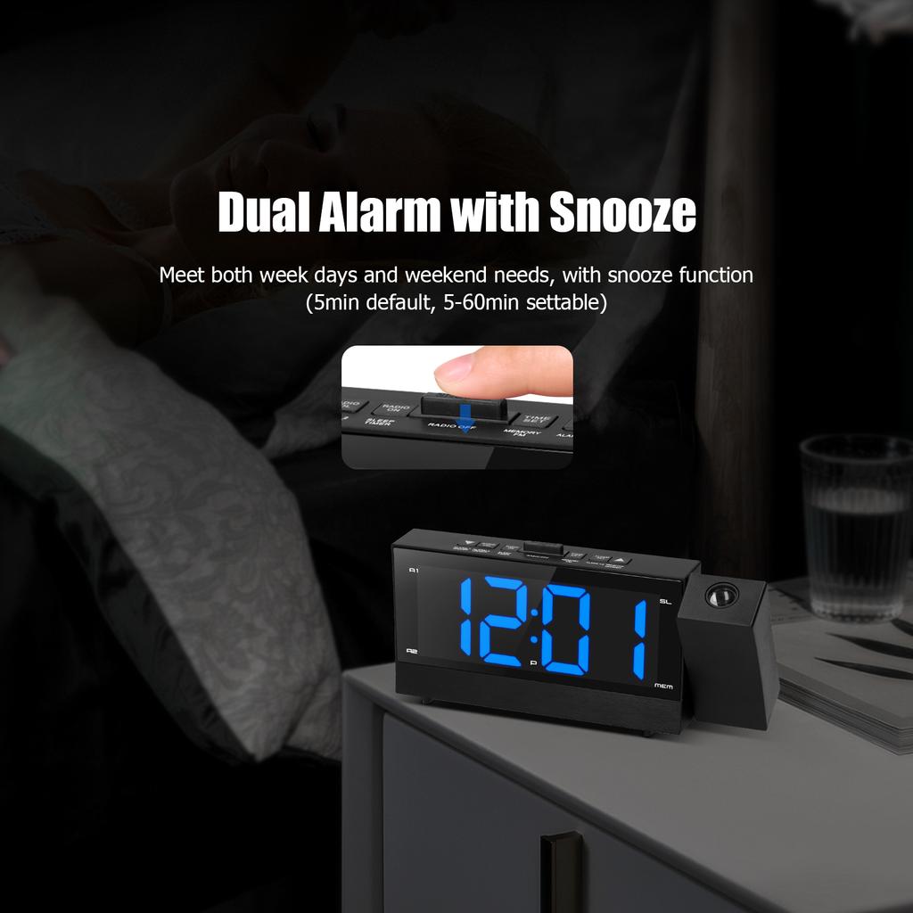 Цифровой проекционный будильник с большим экраном 6,4 дюйма, проектор 3-в-1, вращающийся на 180 градусов