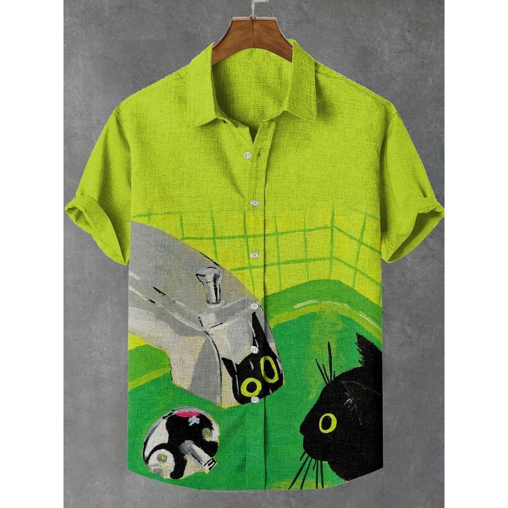 Мужские рубашки с рисунком кошек, рубашка с короткими рукавами и пуговицами на лацканах, летние свободные топы, повседневные гавайские рубашки для отпуска