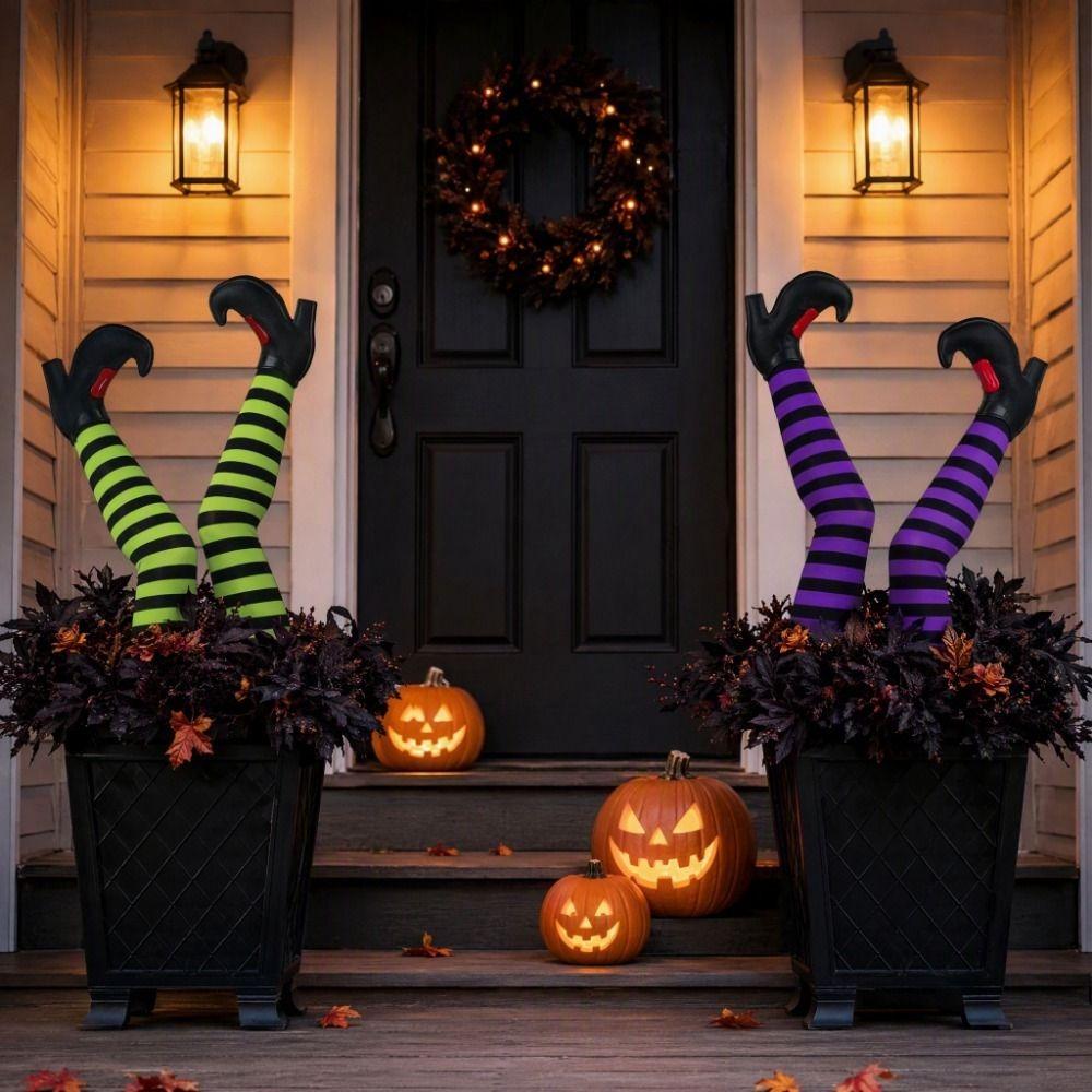 6pcs Pumpkin Bat Witch Legs Decoration Striped Print Witch Feet Lawn Decor Autumn Decorations
