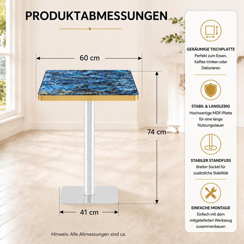 Square Dining Table UV Panel Marble Look Metal Frame Modern
