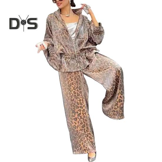 Комплект из 2 предметов: женская рубашка и брюки, леопардовый принт, застежка-молния, длинный рукав, плиссированный топ, свободные широкие брюки, рабочая одежда для поездок на работу