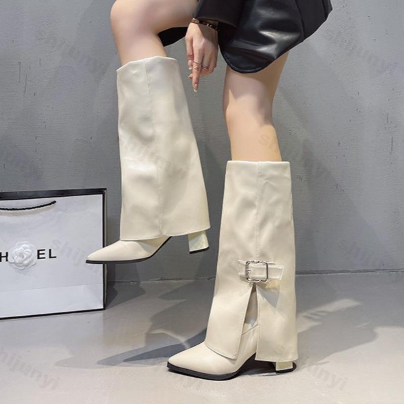 Женские Высокие Сапоги Модные На Высоком Каблуке С Острым Носом 2026 Дизайнерские Кожаные Сапоги До Колена С Металлической Пряжкой Женские Mujer Botas