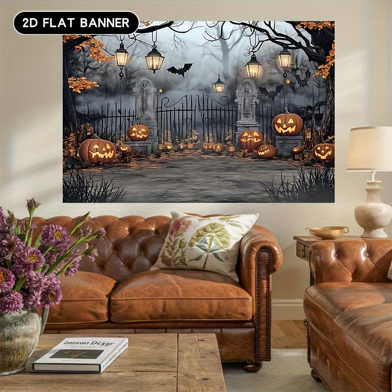 2D flat banner 1PC Halloween Party - Ghost Cemetery and Pumpkin Lanterns Misty Forest Path Universal decorations