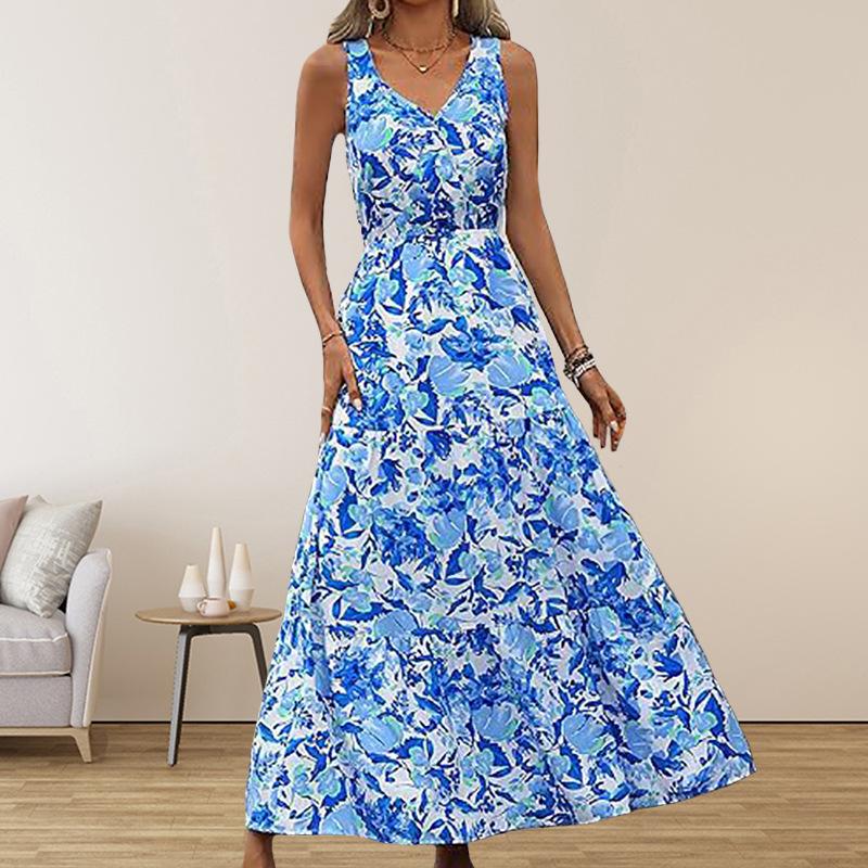 Летняя женская мода 2025 Новое повседневное платье без рукавов с принтом и V-образным вырезом