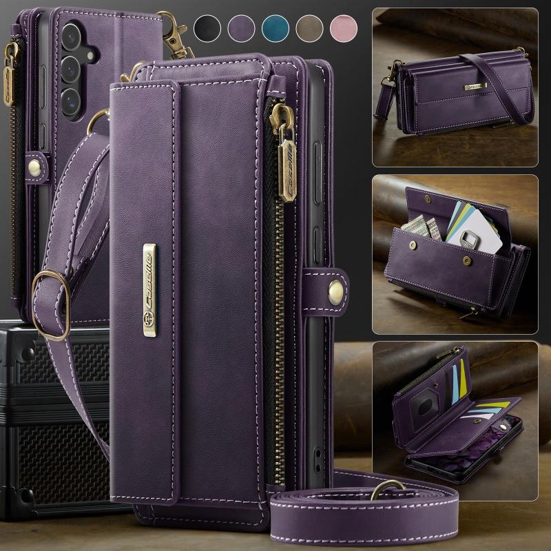 Чехол-бумажник с длинным ремешком из флип-кожи для Samsung Galaxy S26 Ultra S25 FE S24 Plus S23 S22 S21 A57 A17 A16 A56 A15 A55 A14 A54 с молнией и карманами для карт