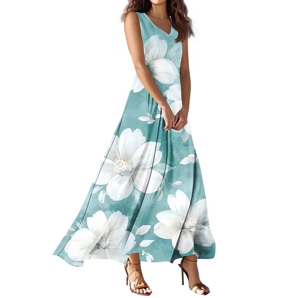 Женское летнее повседневное модное платье с принтом, платье без рукавов с V-образным вырезом