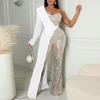 Women Jumpsuit One Shoulder One Sleeve Suit Coat Dress Patchworl Shiny Sequin Asymmetric Color Matching Wide Leg Tight Waist Prom Party Jumpsuit