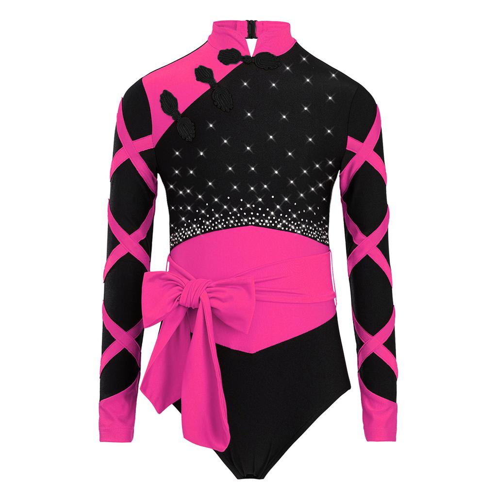 Девочки Китайский Стиль Гимнастический Купальник Узел Пуговица Воротник Мандарин Длинный Рукав Стразы Цветной Блок Поясной Боди