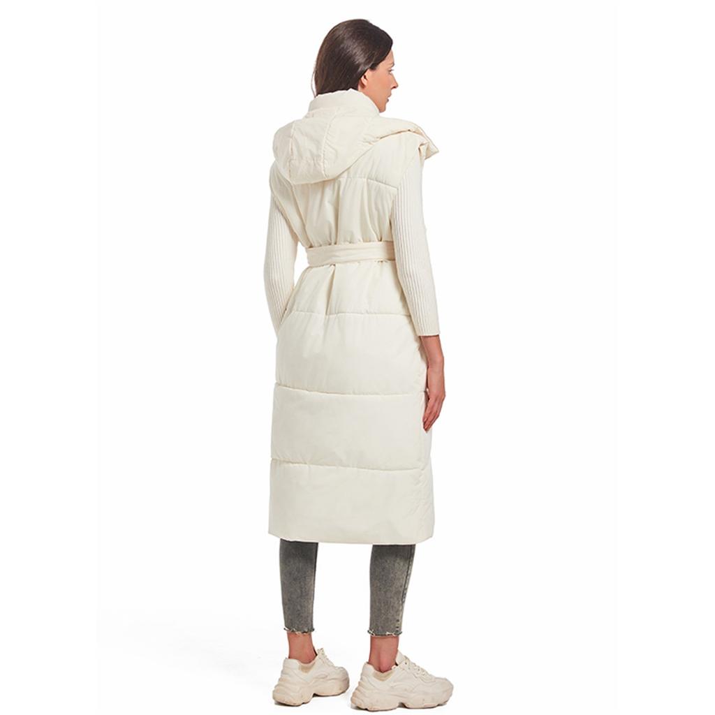 Женские длинные пуховые жилеты без рукавов с капюшоном на молнии с поясом, стеганое пальто с подкладкой, верхняя одежда