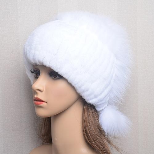 New Lady Winter Warm Natural Rex Rabbit Fur Hat Women Elastic Soft Handmade Knitted Real Fur Cap Fox Fur Beanies Hats