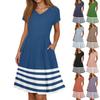 Женское летнее модное повседневное платье в полоску с принтом, V-образным вырезом и короткими рукавами, с карманами