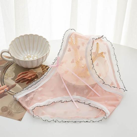 Simple Lady Briefs See-through Butt Lift Ultralight Net Yarn Ruffle Lace Trim Splicing Lady Panties for Inner Wear