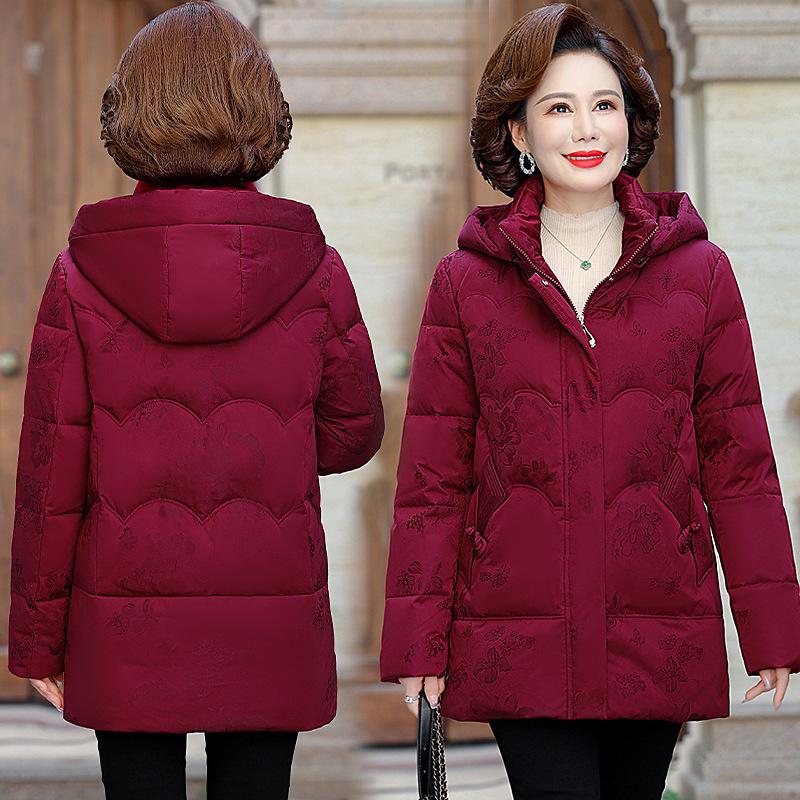 Пуховик женский средней длины зимний новый стиль с капюшоном модный тонкий большой размер женская куртка для мам