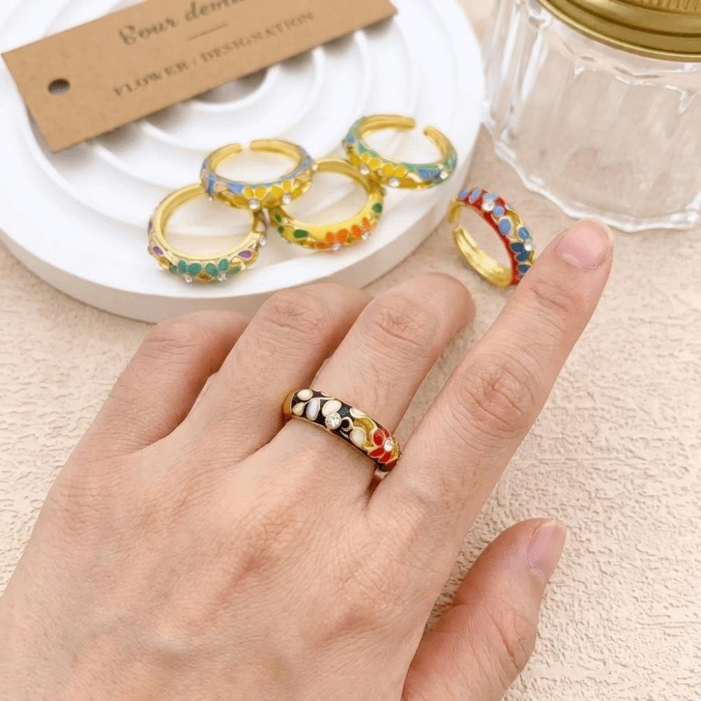 Hollow Out Vintage Geometric Rings Engraved Gold Plated Ring Colorful Enamel Flower Rings Female