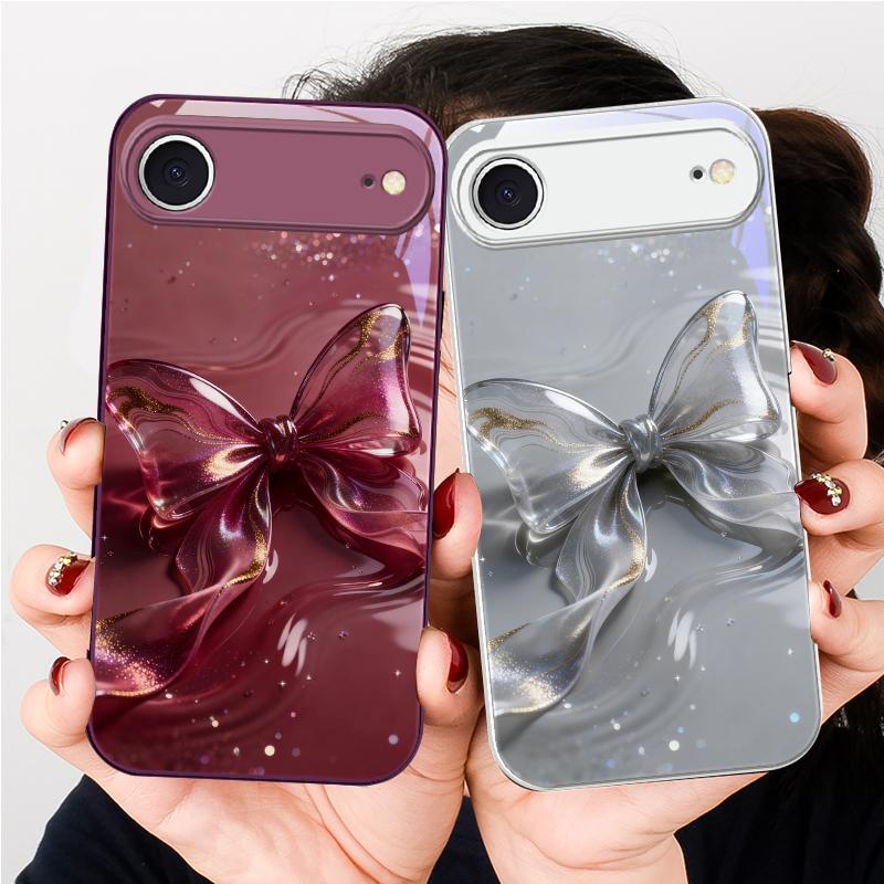 Прозрачный хрустальный бант Для iPhone 17 Air 16E 15 14 13 Plus 12 mini 17 Pro Max 11Pro XR X 16E 7 8 11 Закаленное стекло Чехол для телефона