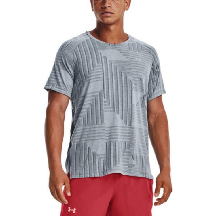 Under Armour Spliced Stripe Crew Neck Short Sleeve T-Shirt Men Tops Blue 1376516-465