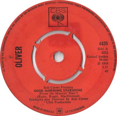 7-дюймовая пластинка OLIVER - Good Morning Starshine 4435 CBS 1969 UK Рок Б/У