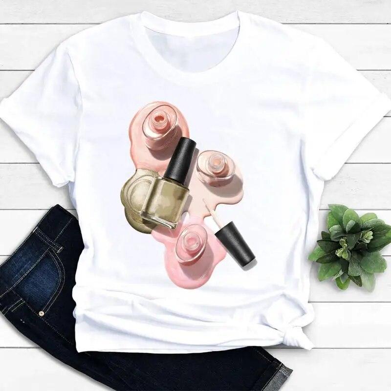 Women T-shirts Nail Art Lovely Spring Short Sleeve Ladies Fashion Casual Clothing Cartoon Clothes Female Tee Graphic Tshirt