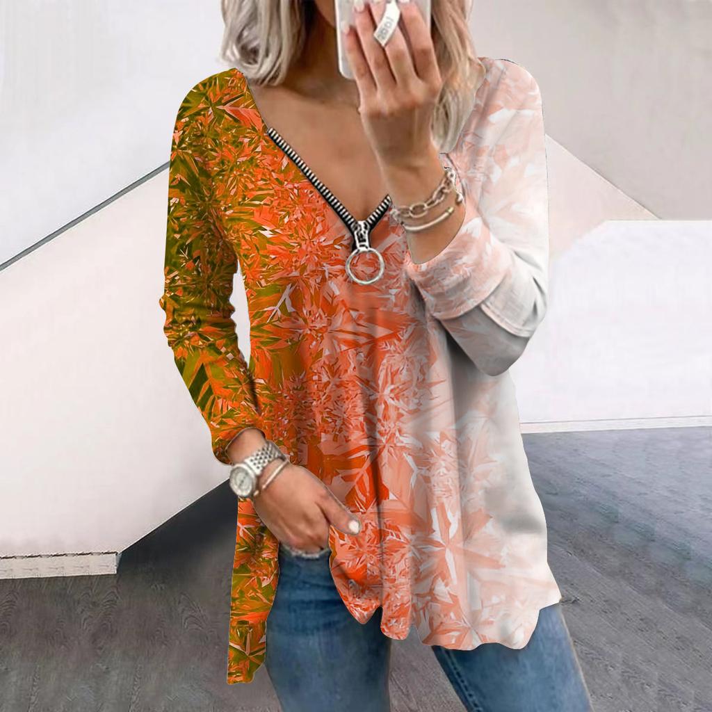 Women Autumn Gradient Glitter Printed Long Sleeve T-Shirts Loose V-Neck Plus Size Tee Shirt Tops Comfy Blouse