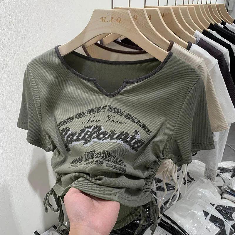 Футболка Y2k на шнурке, женский укороченный топ с буквенным принтом, американские ретро футболки с короткими рукавами, корейские тонкие летние футболки с графикой, одежда 2000-х годов