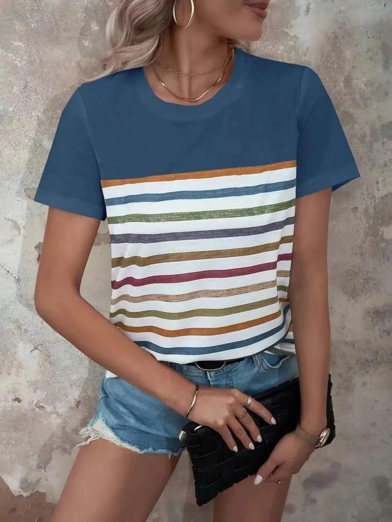 Summer Women's 3D Striped Printed T-shirt Top Casual Short Sleeved Round Neck Clothing