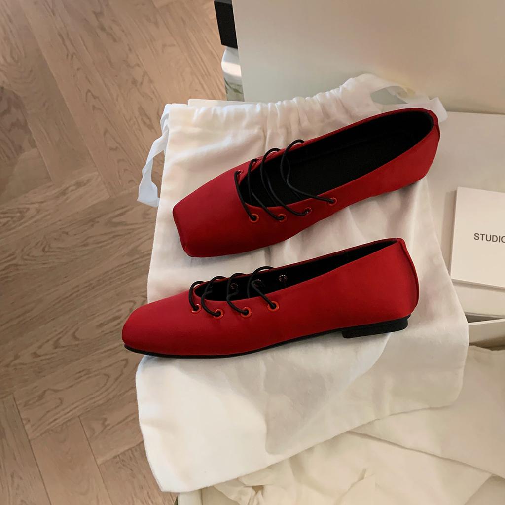 Grape Mother Same Style Square Head Satin Casual Versatile Cross Belt Ballet Single Shoes Lazy One Pedal Mary Jane Shoes Women