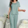Летняя тонкая удобная пижама женская молочная шелковая домашняя одежда брюки с короткими рукавами закрытый однотонный костюм для отдыха