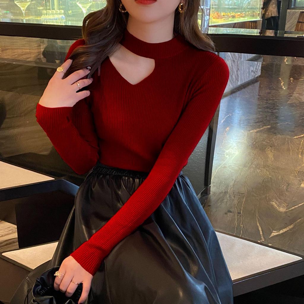 Весенне-осенний женский свитер с бретелькой на шее, однотонный однотонный вязаный топ с длинным рукавом, тонкий низ