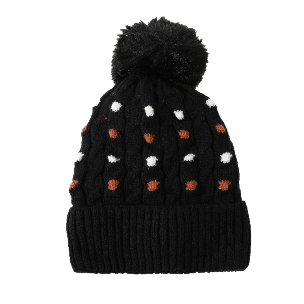 Новая зимняя шапка с меховым помпоном для женщин, универсальная вязаная шапка-пуловер в горошек из шерсти с бархатной защитой ушей, ветрозащитная и теплая шапка, трендовая