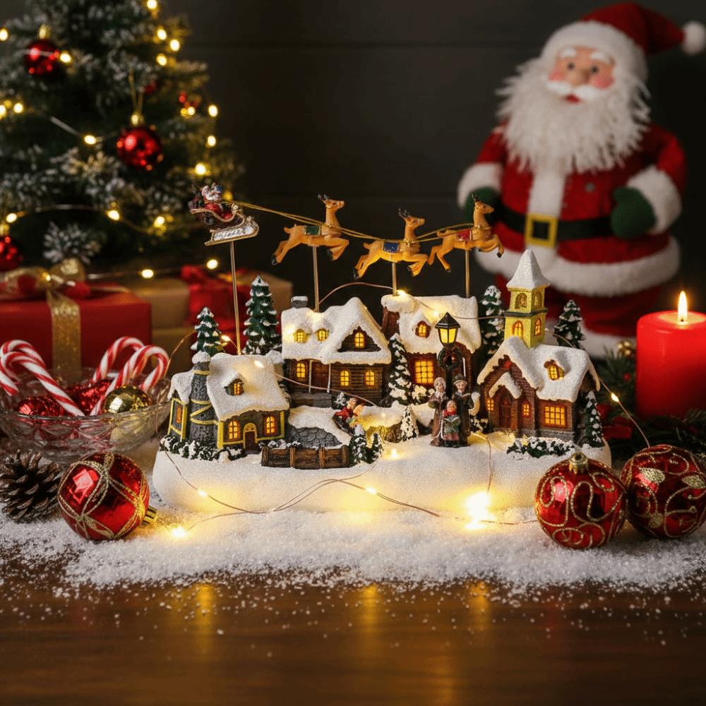 Resin Christmas Glowing Village LED Lighted with Music Christmas Flying Reindeer 3-Elk Reindeer Kids Gift