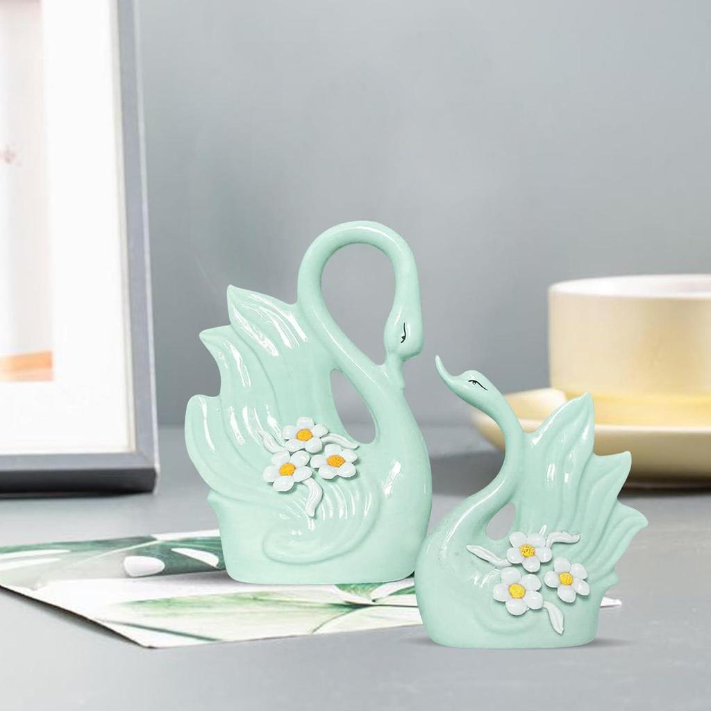 Cute Luxury Light Green Swan Pair Ceramic Art Figurine | Beautiful Home Decor (Pack of 2, Light Green)