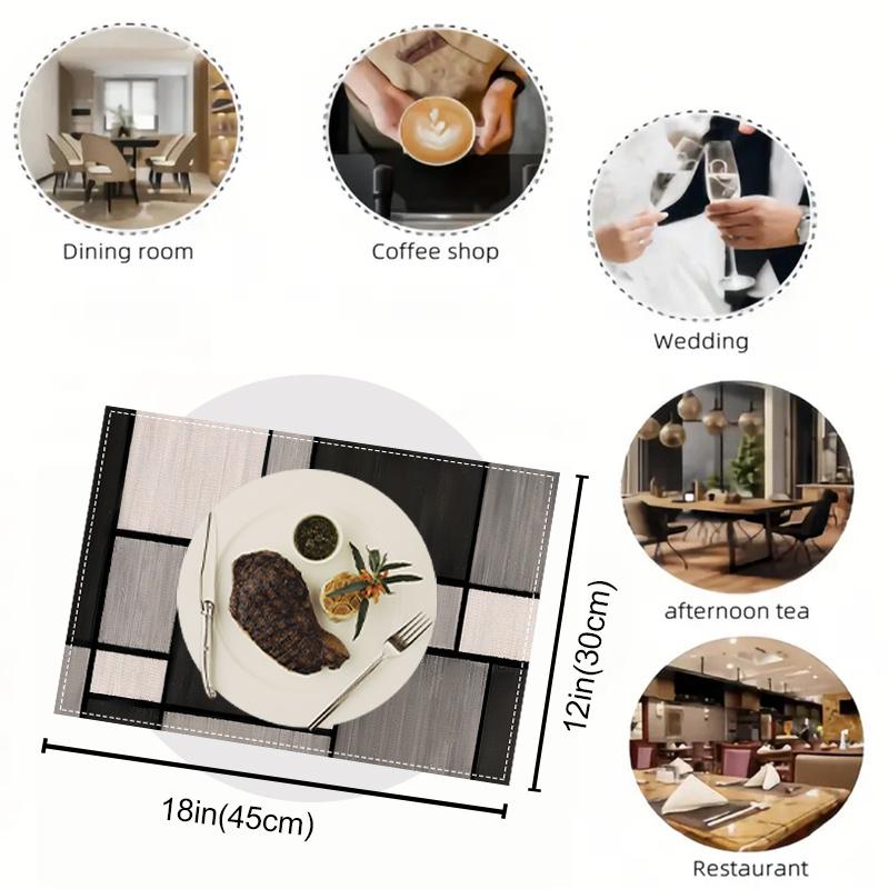 Of 4, Black And Grey Geometric Table Mats, 12X18 Inches Linen Rectangular Table Mats, Contemporary Geometric Plaid Design for Holiday Celebrations