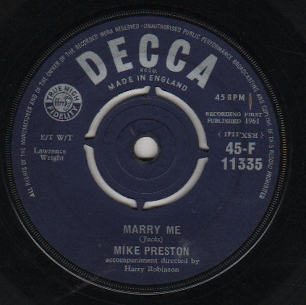 7-дюймовая пластинка МАЙК ПРЕСТОН - Женись на мне 45F11335 Decca 1961 Великобритания Поп Б/У