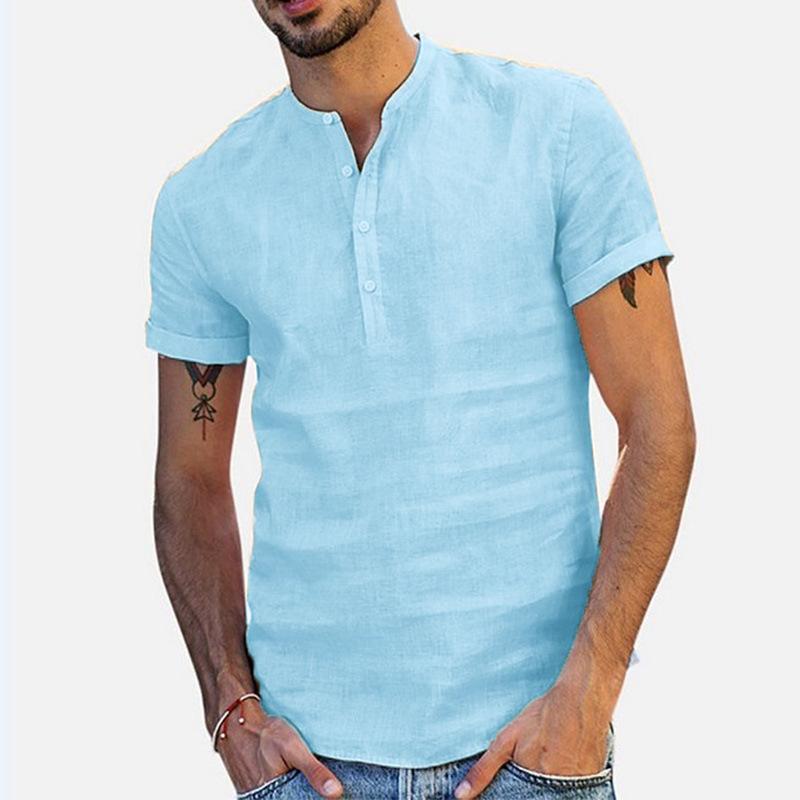 Мужская однотонная дышащая футболка на пуговицах с воротником на пуговицах и короткими рукавами, свободная повседневная футболка для мужчин, хлопковая легкая мягкая удобная пуловерная верхняя часть