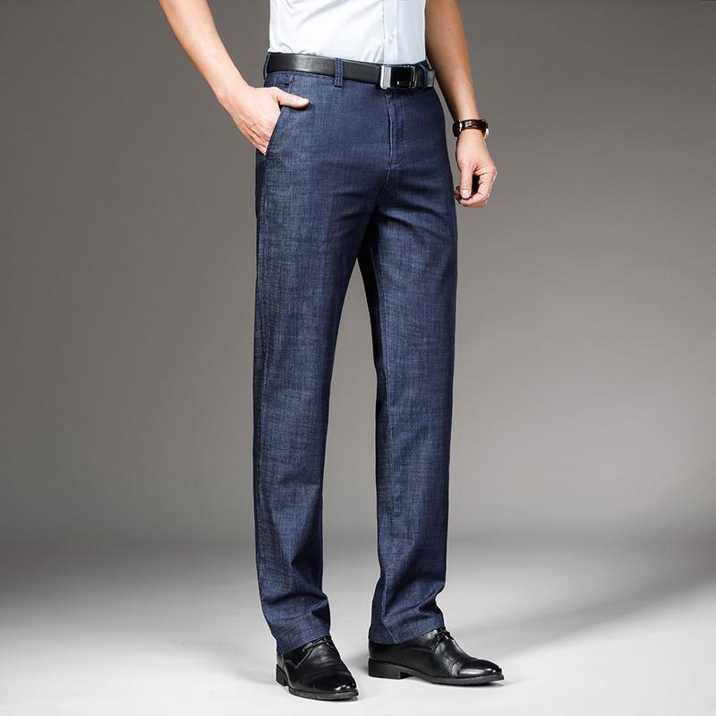 Летние ультратонкие мужские эластичные джинсы, мужские свободные прямые повседневные брюки в деловом стиле