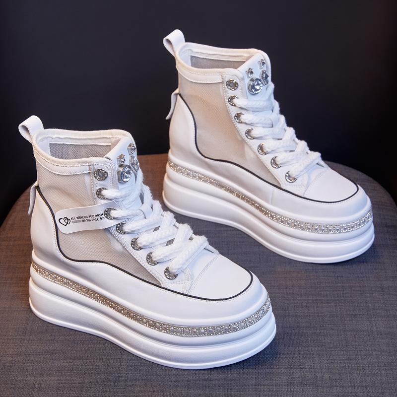 Thick Soled High Top Shoes for Women Summer Breathable Sneakers Versatile Increase Height Mesh Casual Small White Shoes Womens