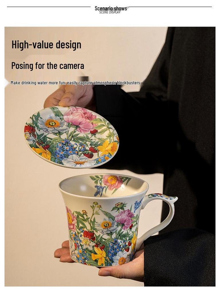 Керамическая кружка с изогнутой ручкой, ложкой и блюдцем, цветочный дизайн, идеально подходит для завтрака, овсянки, молока, кофе.