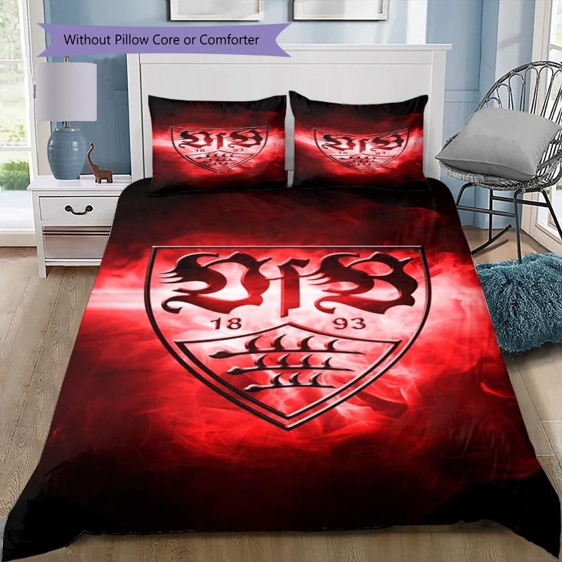 VfB Stuttgart Club Crest Red Smoke Print 3‑Pieces Duvet Cover Set German Soccer Fan Bedding Bedroom Home Decor Without Pillow Core Comforter