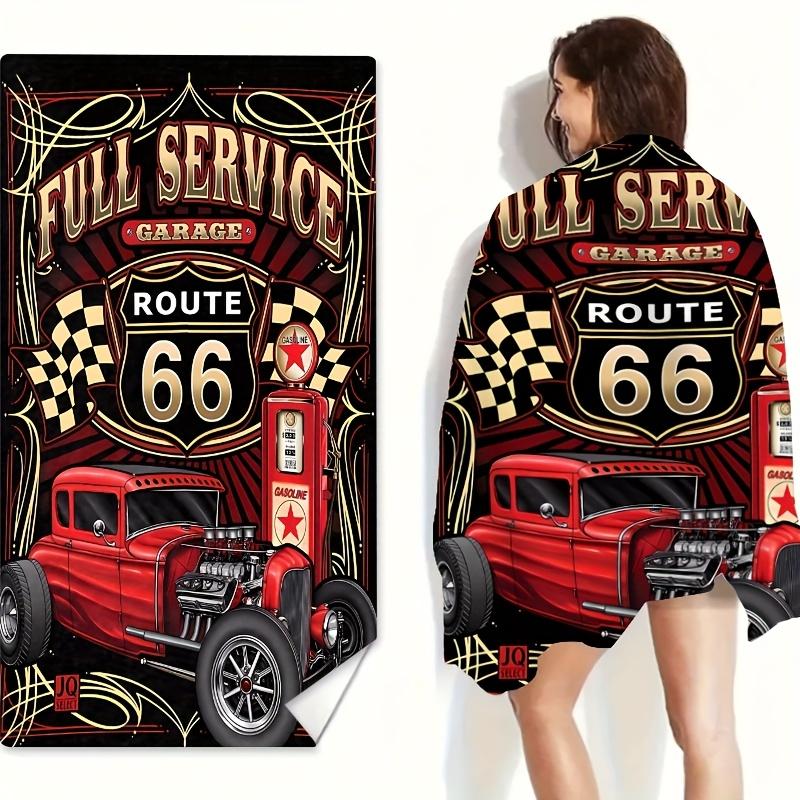 Vintage Route 66 Design Beach Towel, Retro American Road Art Quick-Dry Sand-Free Microfiber Bath Towel for Travel and Camping