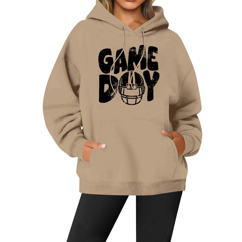 Women's Casual Fashion Solid Color Rugby Print Long Sleeve Hooded Sweatshirt Top