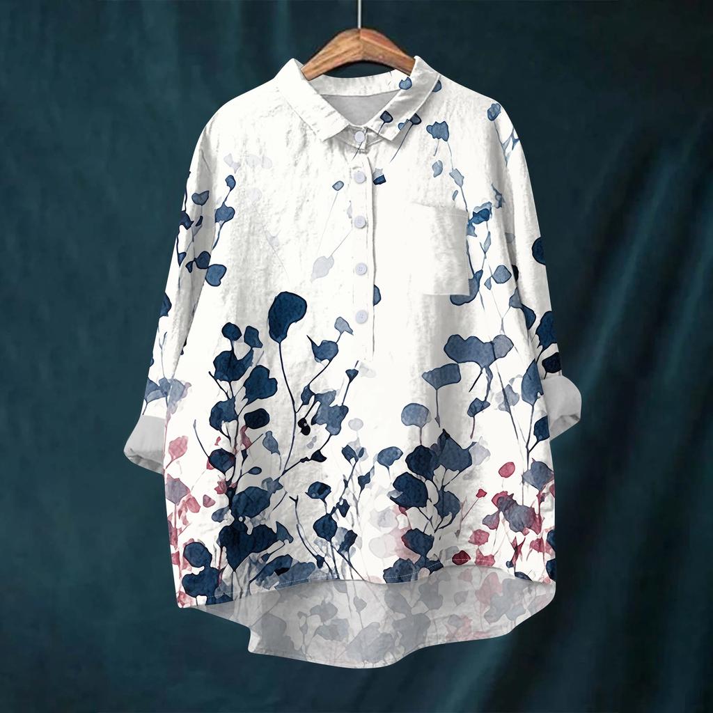 Women's Shirt Blouse Long-sleeved With Buttons Print Casual Hem Irregular Shirt Collar Top