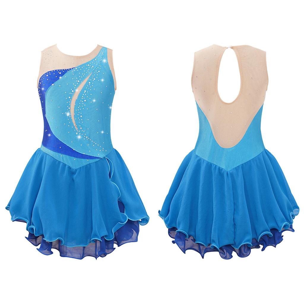 Girls' Figure Skating Dress Sleeveless Glitter Rhinestone Ballet Leotard Dress Competition Costume Gymnastics Suit