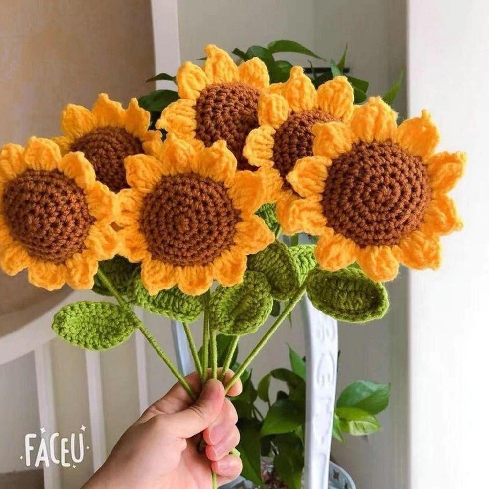 House DIY Finished Product Sunflower Bouquet Vase Ornament Knited Flower Table Fake Flowers