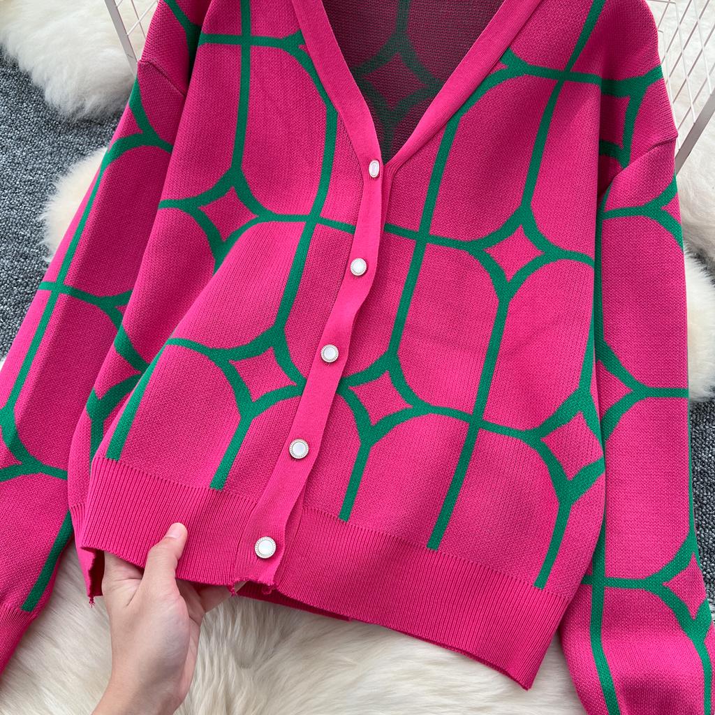 Модные базовые трикотажные костюмы женские однобортные кардиганы с принтом + широкие брюки с высокой талией, однотонный свитер, комплект из 2 предметов